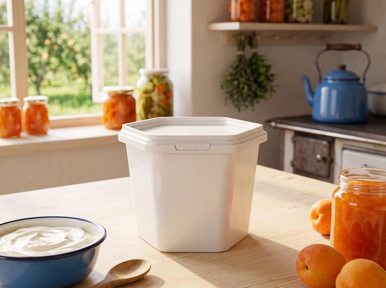 Hexagonal 400 ml plastic container on a rustic kitchen table