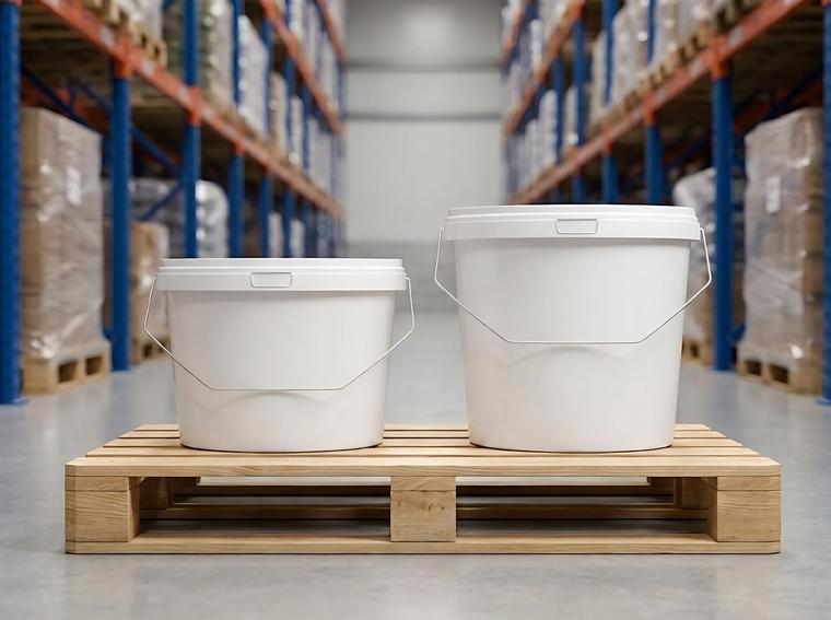 3 L and 3.8 L plastic buckets side by side on a wooden pallet