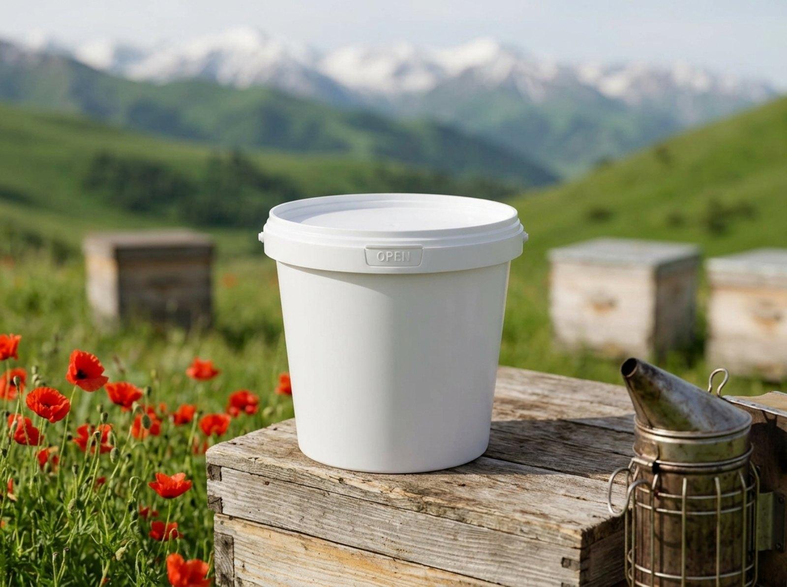 White 1 L plastic bucket with lid on a wooden apiary crate among red poppies in the foothills of the Zhetysu Alatau
