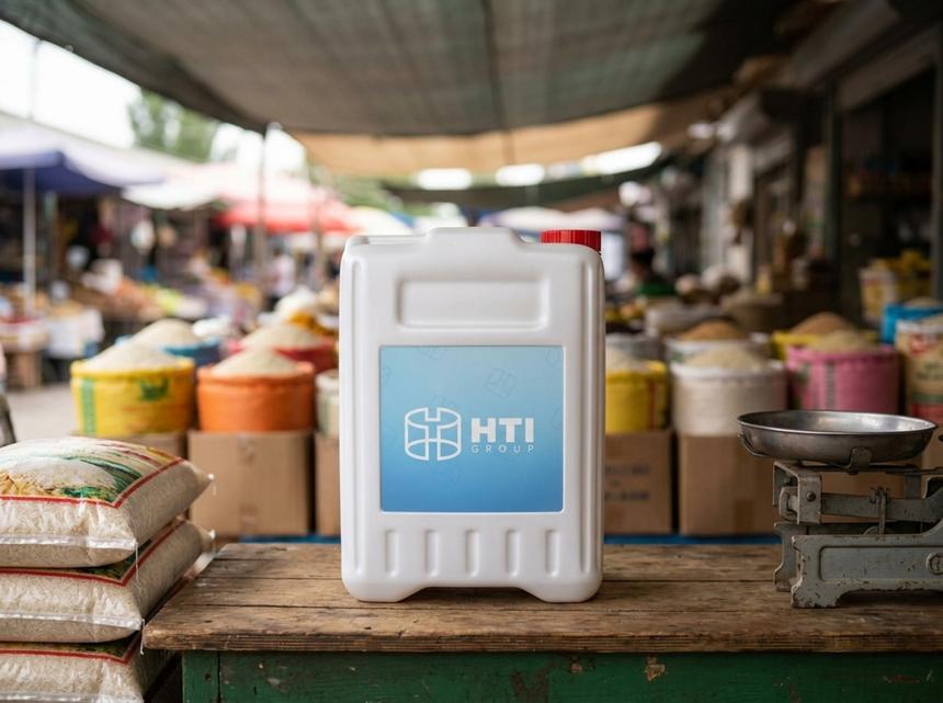 White 10 L plastic jerry can on a counter in the wholesale row of a bazaar, next to sacks of rice