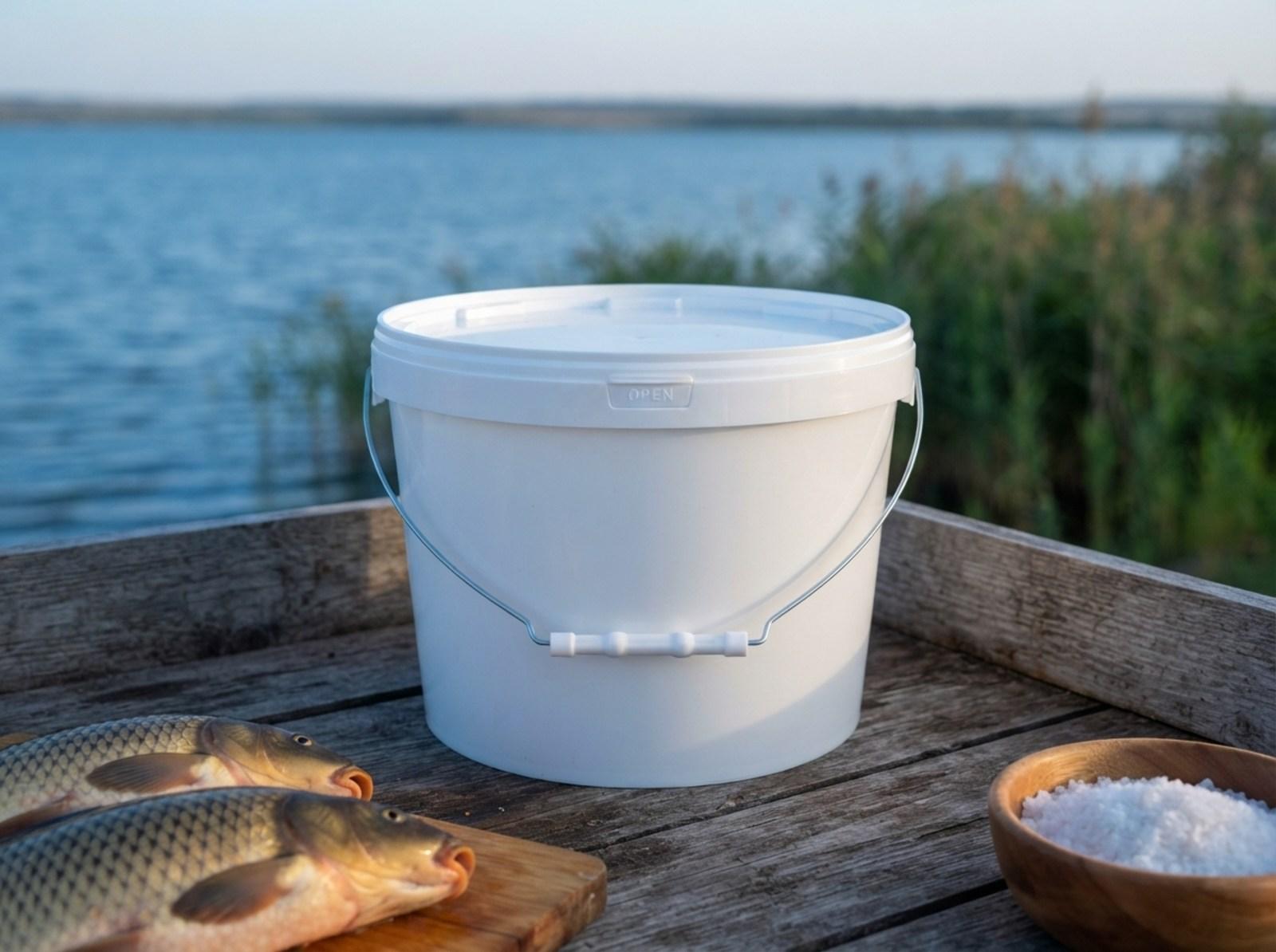 White 8 L plastic bucket with lid and metal bail handle with plastic grip on a fish-cleaning table by the reservoir shore, next to two fresh fish