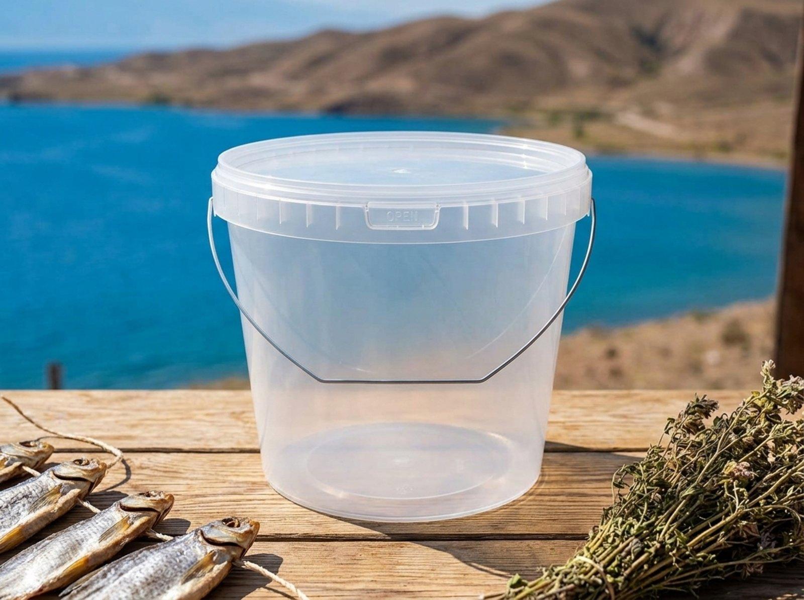 Clear 5.6 L plastic bucket with lid and metal bail handle on a plank roadside stall on the shore of Issyk-Kul, next to dried fish
