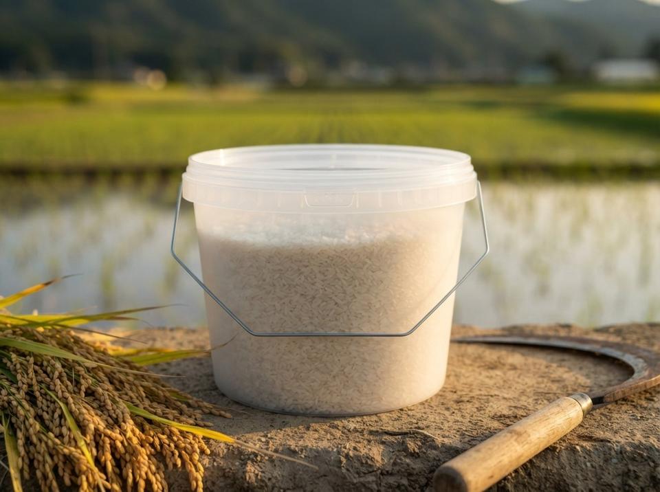 Clear 3 L plastic bucket of rice with lid on the earthen bank of a rice paddy, next to a sheaf of rice