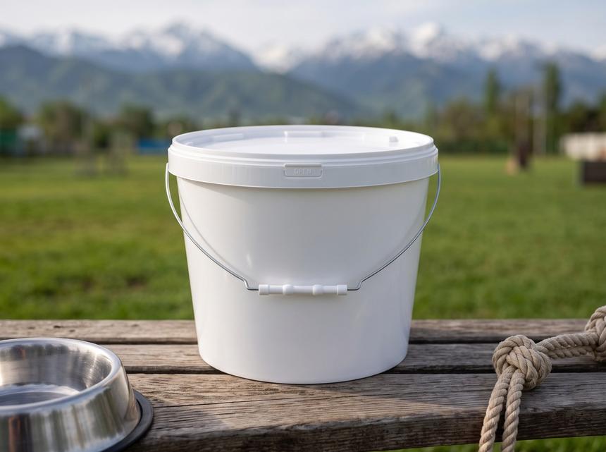 White 11.5 L plastic bucket with lid and bail handle with plastic grip on a wooden bench at a dog training ground near Almaty, next to a metal bowl and a rope