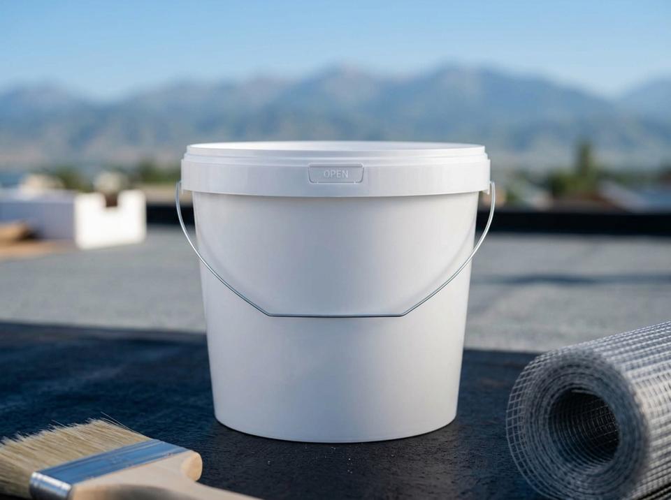 奥什郊外一栋房屋平屋顶上的 5.6 升白色带盖塑料桶，旁边是一把宽毛刷和一卷网格布