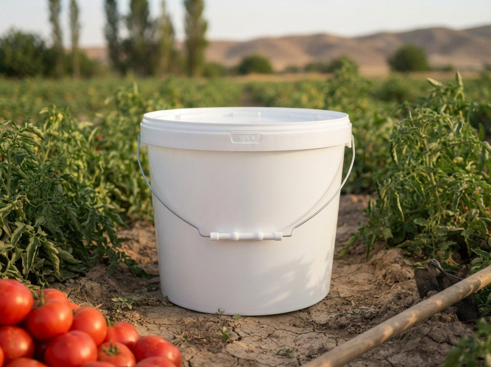 White 11.5 L plastic bucket with lid and metal bail handle with plastic grip on the ground between rows of tomatoes in Aravan District