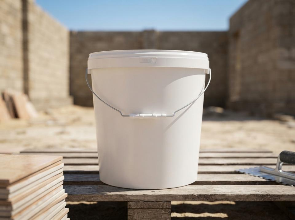 White 21 L plastic bucket with lid and metal bail handle with plastic grip on a wooden pallet in the yard of a house under construction, next to a stack of tiles