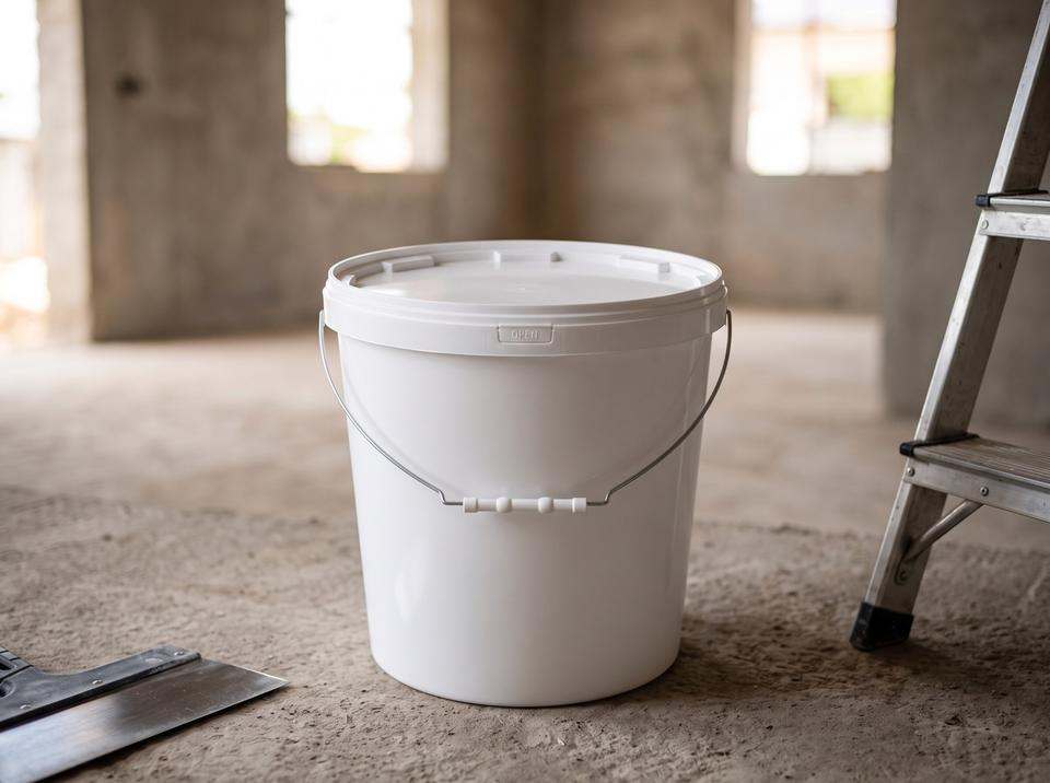 White 15 liter plastic bucket with lid and bail handle with plastic grip on the concrete floor of a building under construction in Osh, next to a trowel