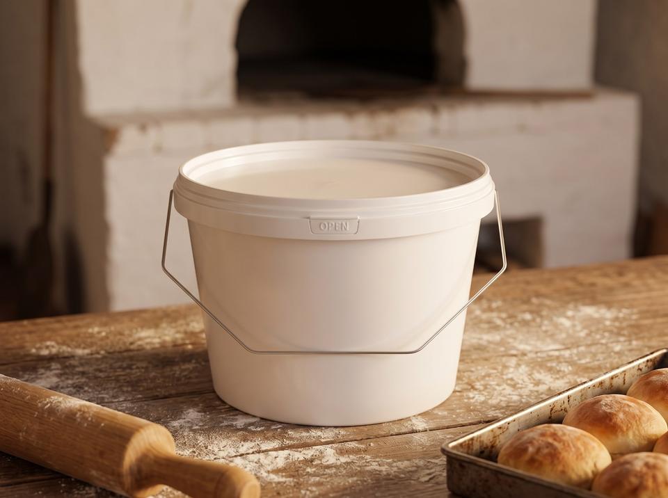 White 3 L plastic bucket with lid and metal bail handle on a flour-dusted table in a village bakery, next to a rolling pin and buns