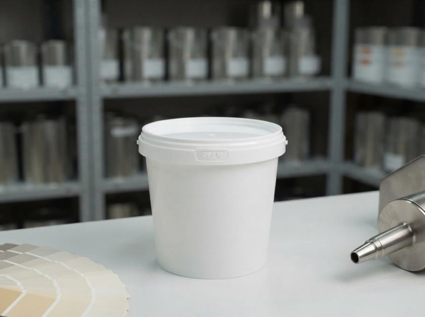 White 1 L plastic bucket with plastic handle and lid on a tinting counter in a paint store in Almaty next to color swatches