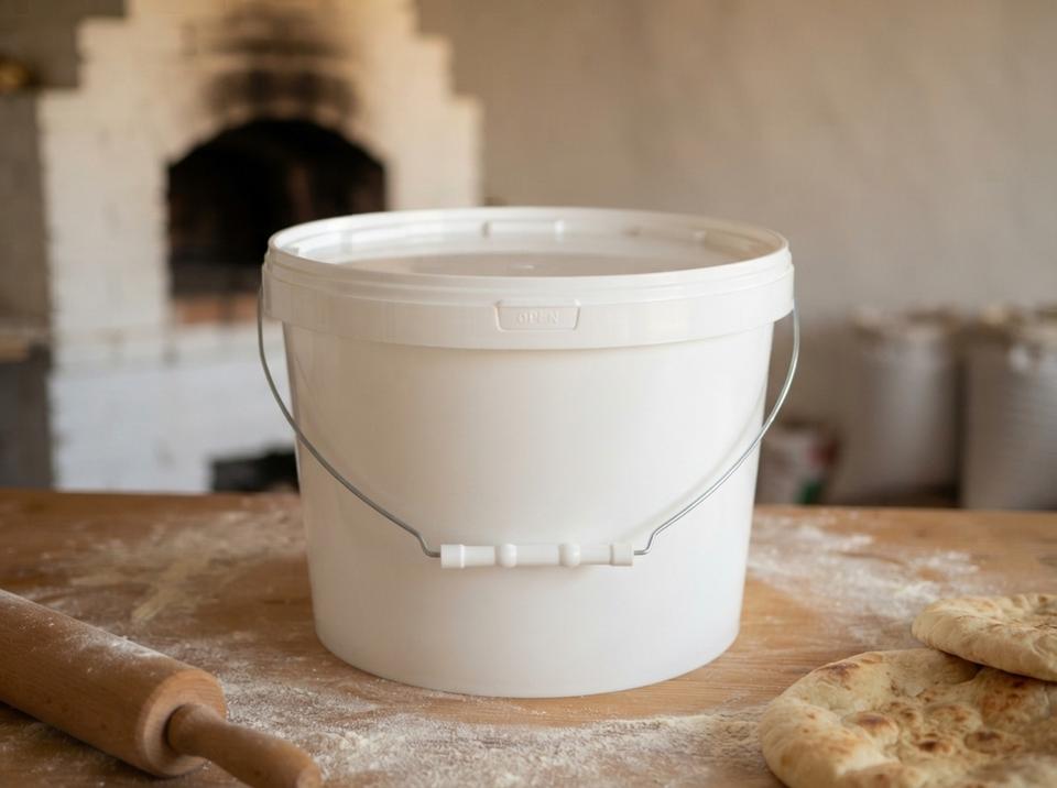 White 8 L plastic bucket with metal bail handle, plastic grip, and lid on a workbench in a village bakery, next to a rolling pin and round flatbreads