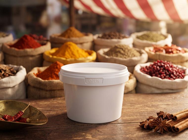 560 ml plastic bucket on a spice stall at Osh Bazaar in Bishkek