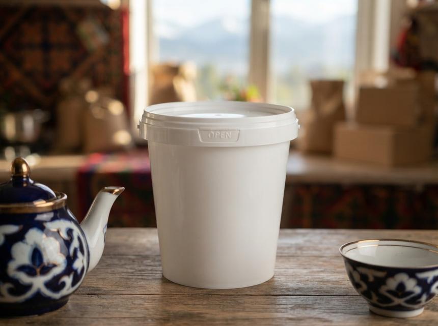 比什凯克家庭厨房木台面上的 850 毫升白色带盖塑料桶，旁边是茶壶和茶碗