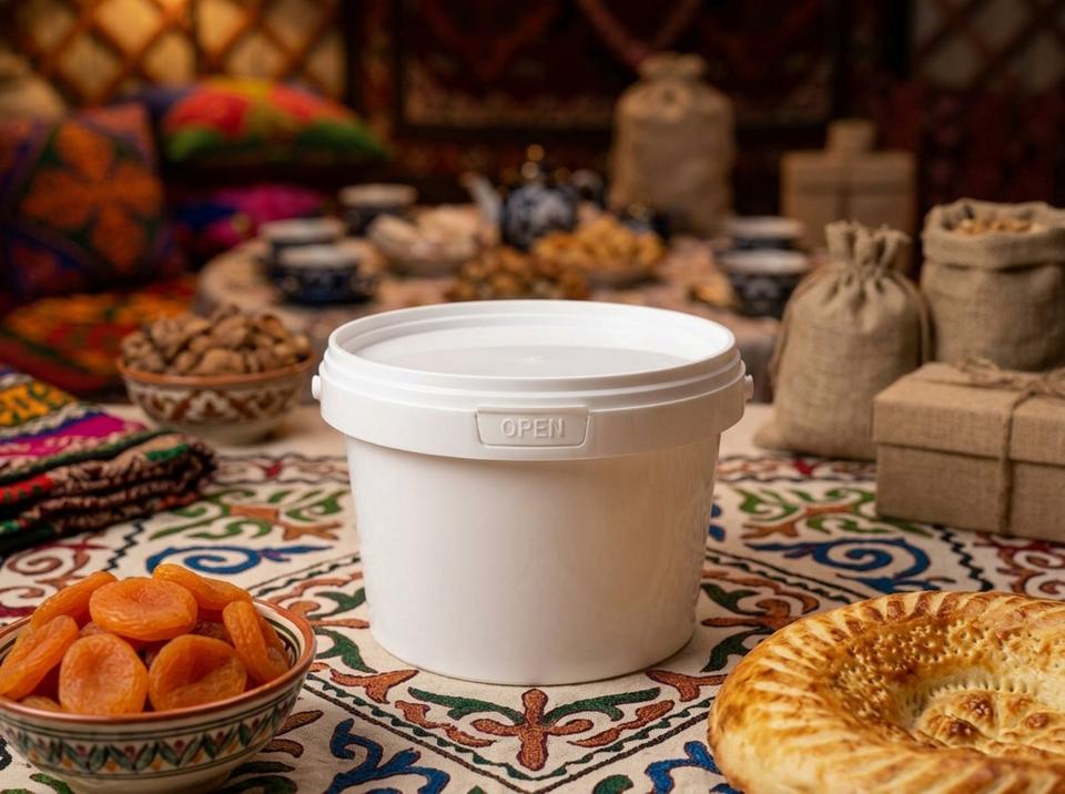 White 560 ml plastic bucket with lid on a festive dastarkhan next to a bowl of dried apricots and a round flatbread