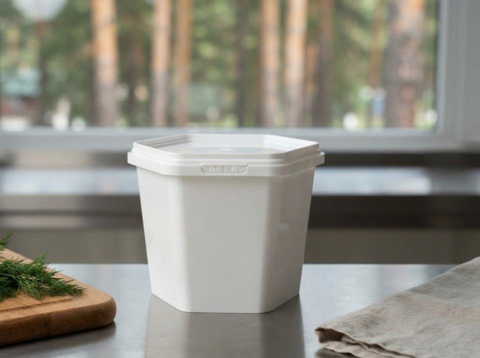 White 400 ml hexagonal plastic container with lid on a steel table in a resort hotel kitchen, with pine trees outside the window