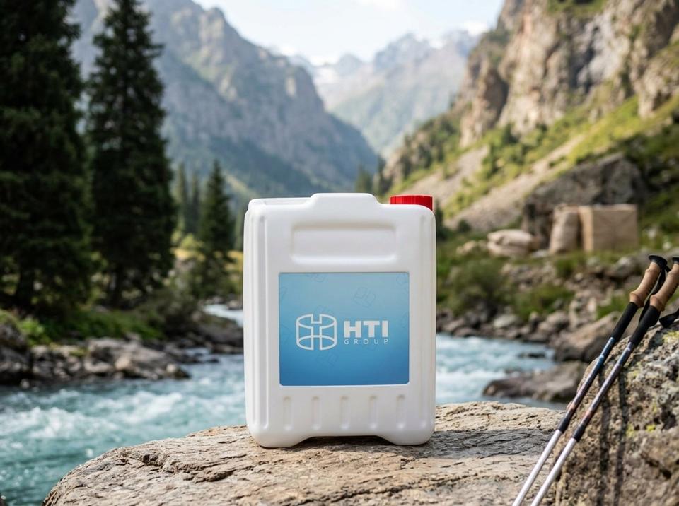 White 5 L plastic jerry can with cap on a rock by a mountain river in a spruce gorge near Karakol