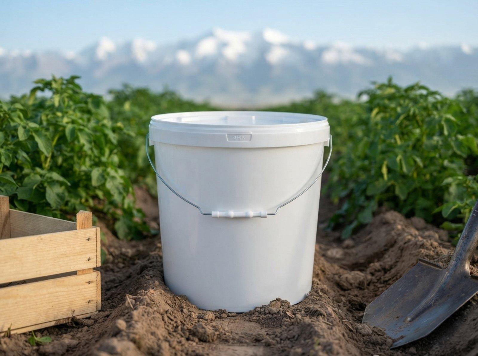 White 15 L plastic bucket with metal bail handle, plastic grip, and lid on a freshly dug furrow in a potato field near Tüp, next to a crate and a shovel, with snowy peaks behind