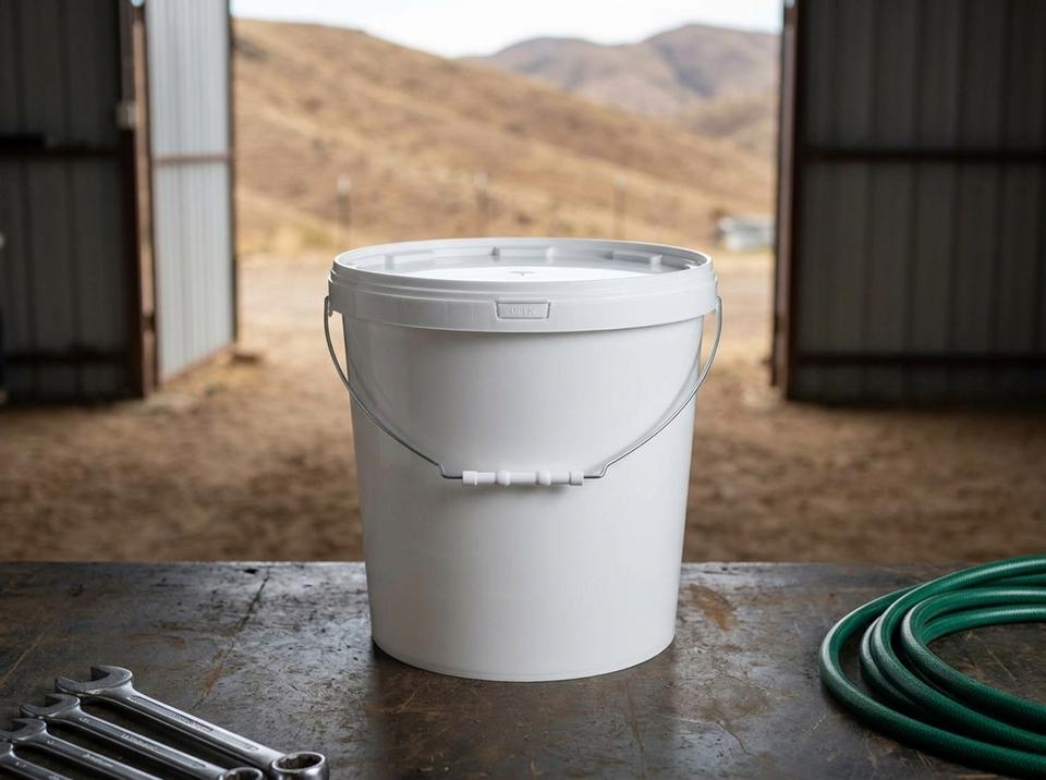White 15 L plastic bucket with lid and metal bail handle with plastic grip on a steel workbench in a repair shop, with the slopes of the Karatau beyond the open doors