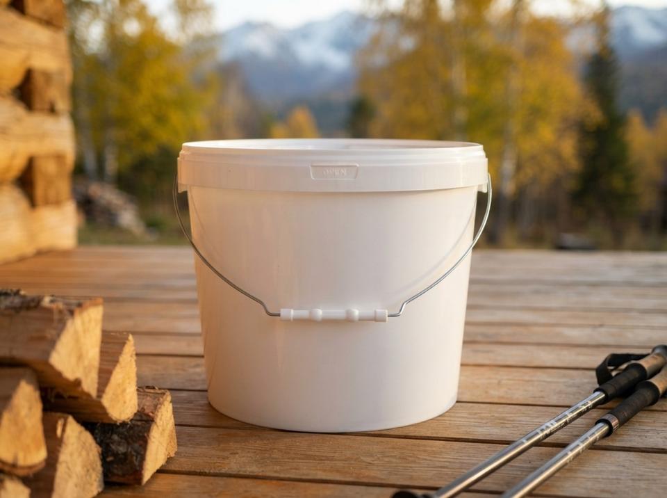 White 11.5 L plastic bucket with lid and metal bail handle with plastic grip on the porch of a log guesthouse, next to a woodpile and trekking poles