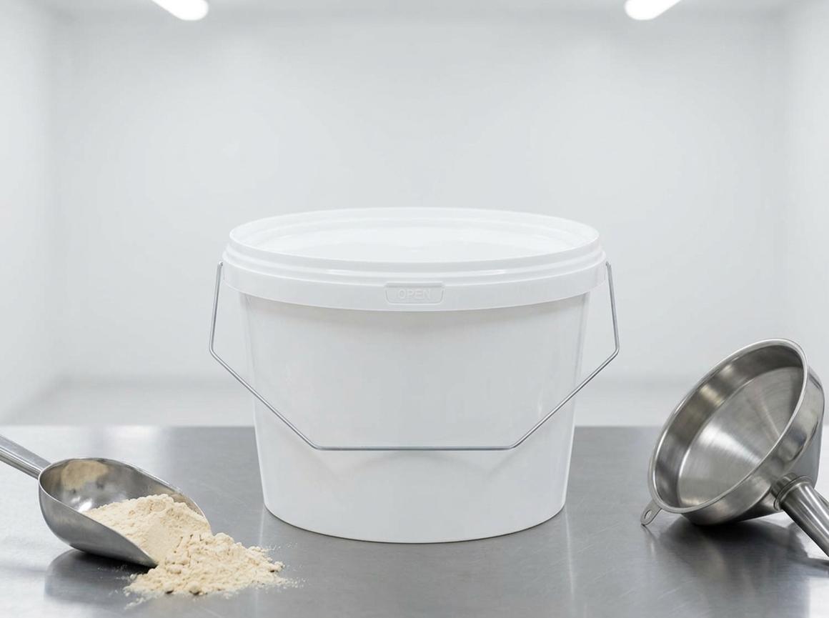 White 3 L plastic bucket with metal bail handle and lid on a stainless steel table in a packing area next to a steel scoop in a pile of light powder