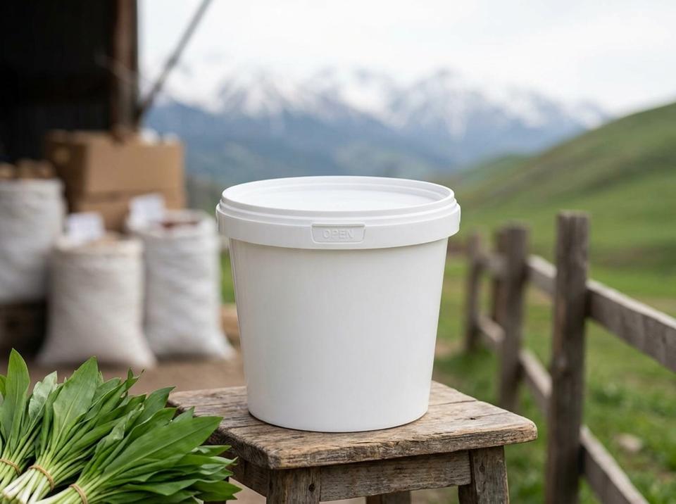 White 1 L plastic bucket with lid on a stool at a roadside stall, next to bunches of fresh wild garlic