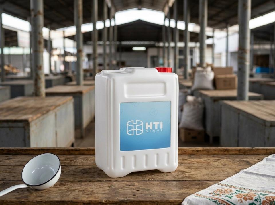 White 5 L plastic jerry can with a cap on a wooden counter in the dairy section of Osh Bazaar in Bishkek, next to an enamel ladle