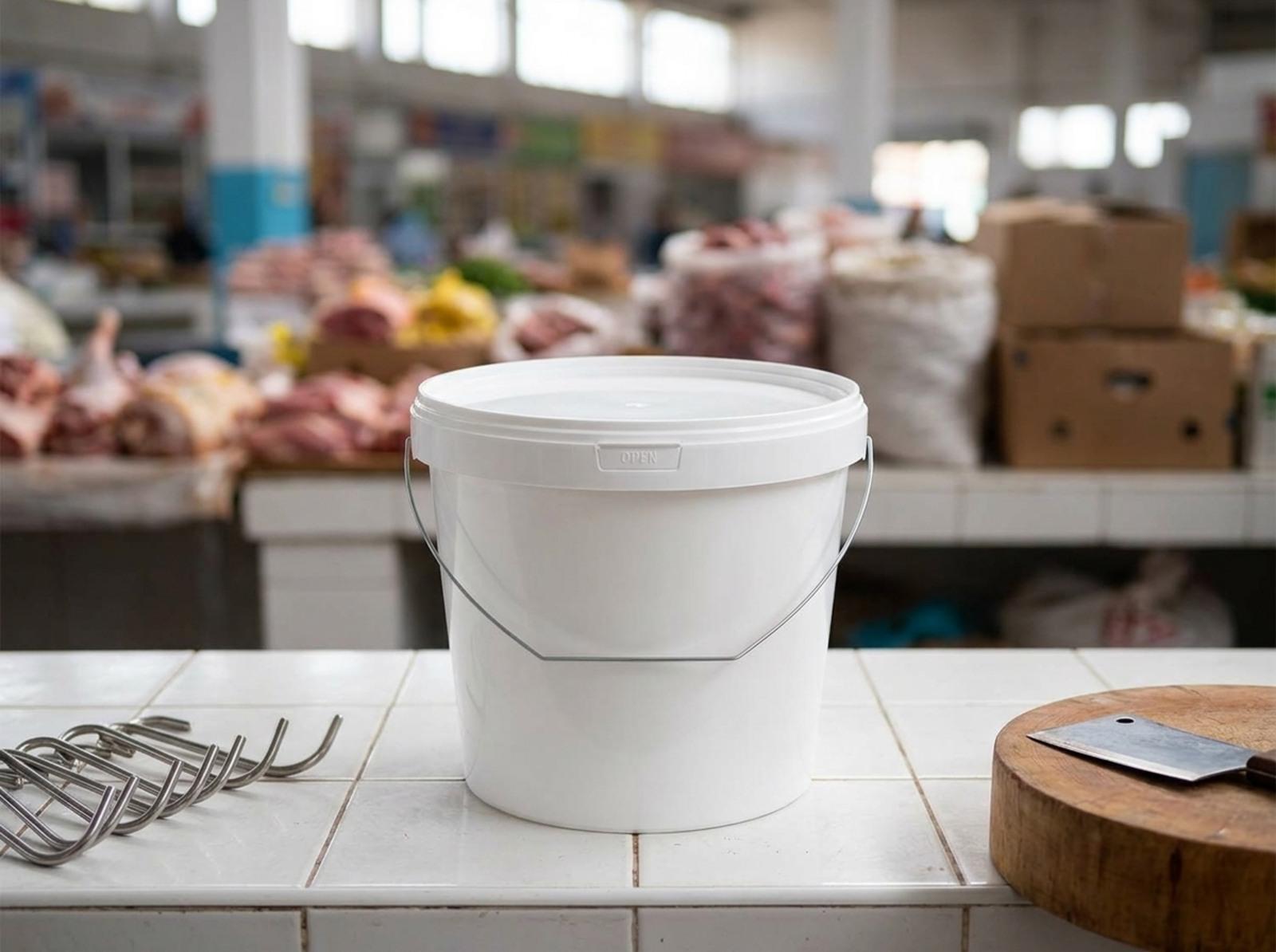 White 5.6 L plastic bucket with lid and metal bail handle on a tiled counter in the meat section of a market in Semey