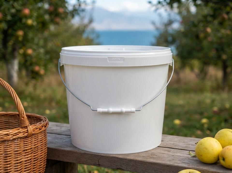 White 11.5 L plastic bucket with metal bail handle, plastic grip, and lid on a bench under apple trees on the east shore of Issyk-Kul, next to a wicker basket