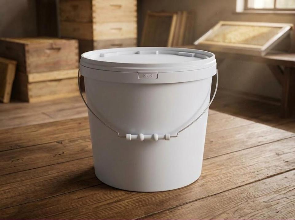18 liter plastic bucket of honey in an extraction room