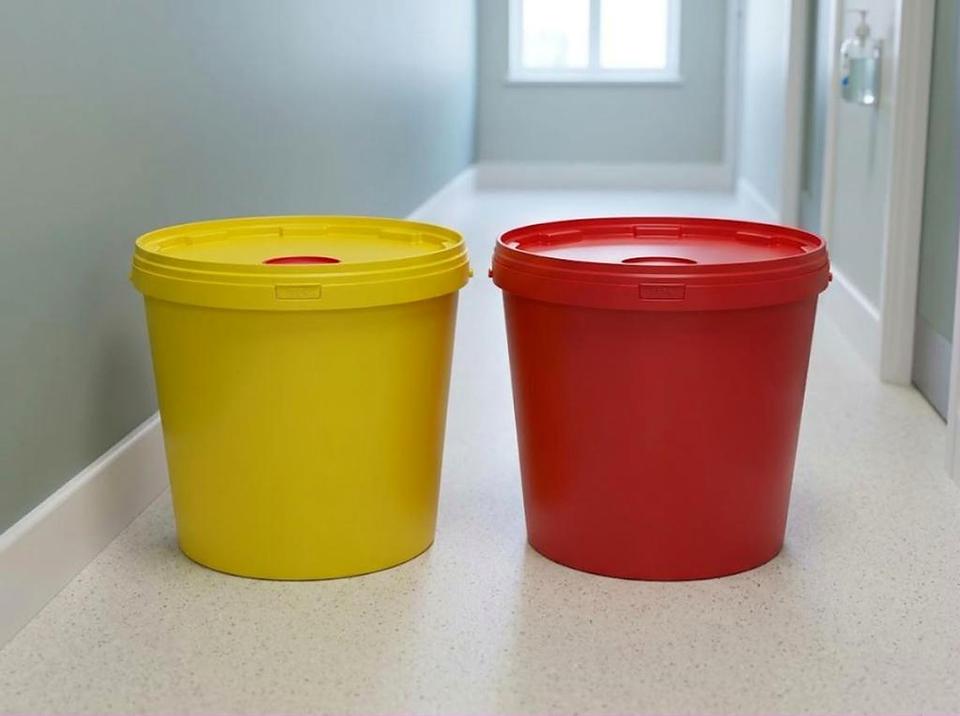 Yellow and red 18 liter medical buckets against the wall of a clinic utility room