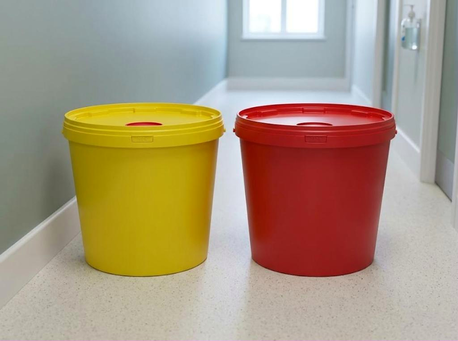 Yellow and red 18 liter medical waste buckets against the wall of a clinic utility room