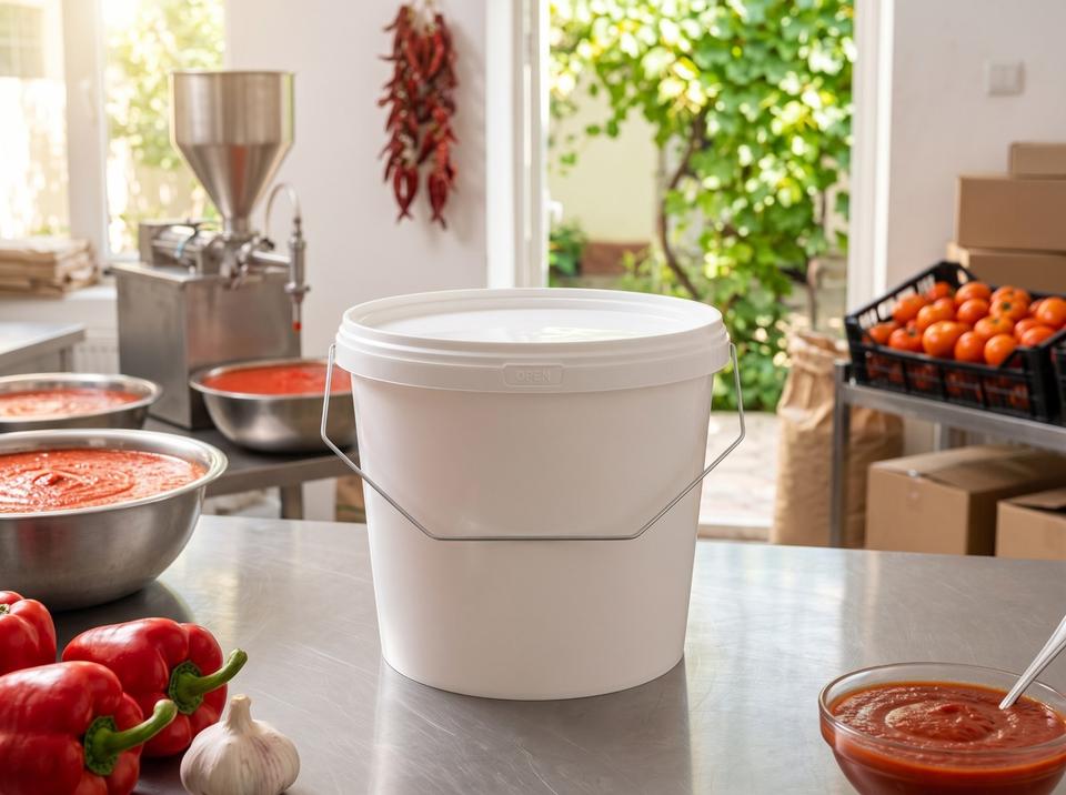 3.8 liter plastic bucket on a sauce filling line