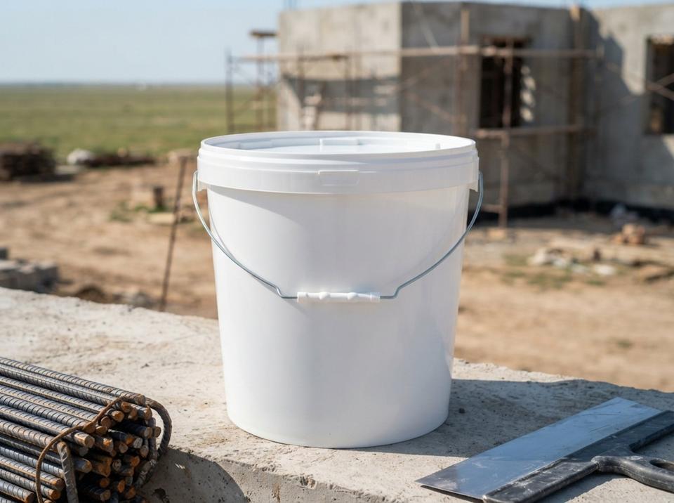 White 21 L plastic bucket with lid and metal bail handle with plastic grip on a concrete slab at a residential construction site, next to rebar