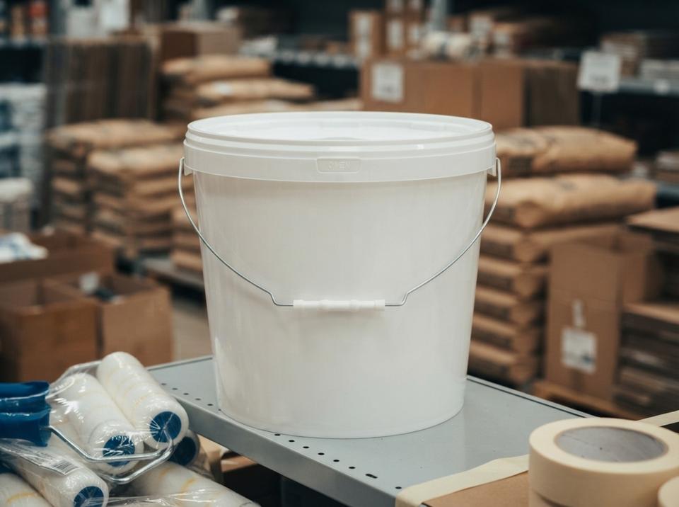 White 18 L plastic bucket with metal bail handle, plastic grip, and lid on the bottom shelf of a hardware store next to paint rollers