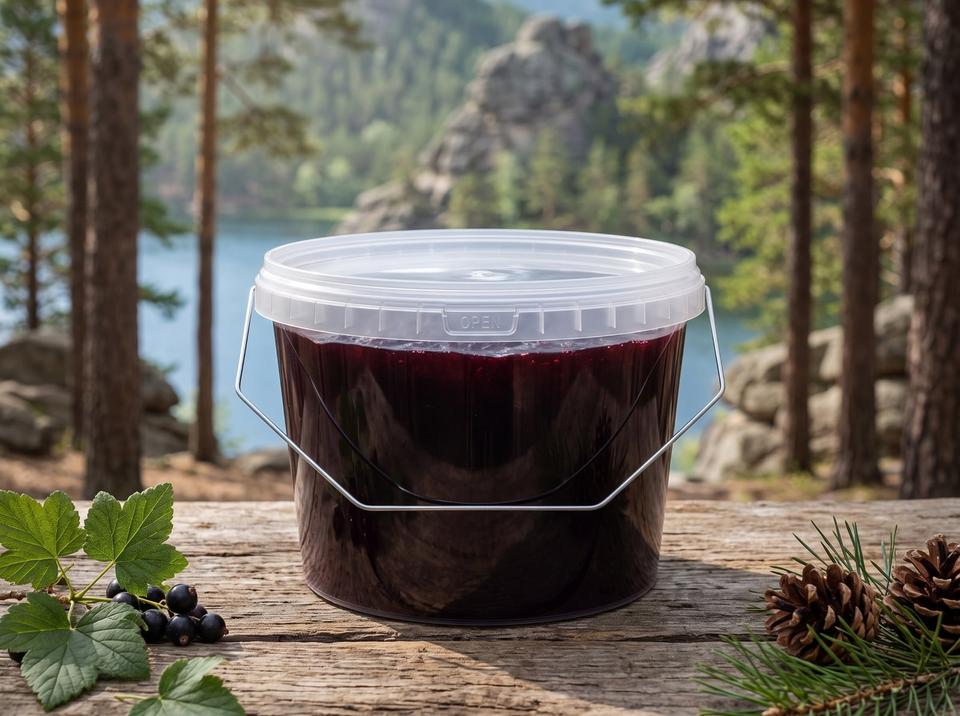 Clear 3 L plastic bucket with lid, filled with currant jam, on a log table in a Burabay pine forest, a sprig of currants on the left, pine cones on the right, and granite cliffs and a lake behind
