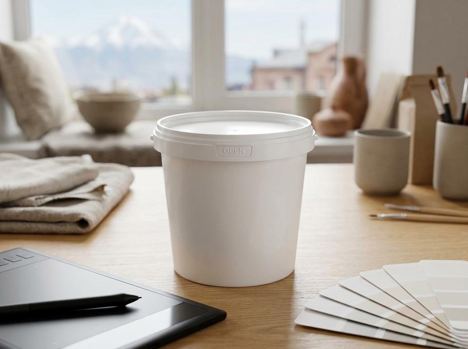 White 1 L plastic bucket with lid on a desk in a Bishkek design studio next to a graphics tablet
