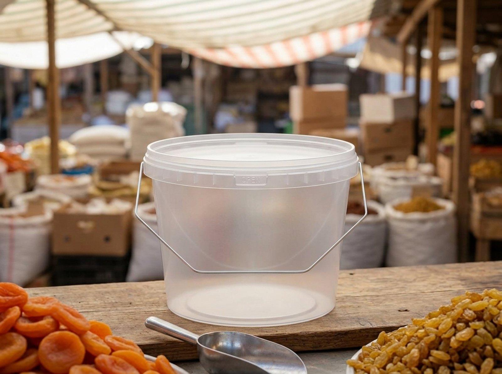 Clear 3 L plastic bucket with lid and metal bail handle on a dried fruit stall at a wholesale bazaar, next to a heap of dried apricots