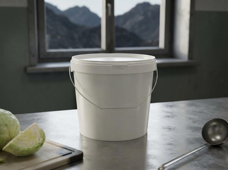 矿业小城食堂后厨的不锈钢台面上,一只 5.6 升白色带盖塑料桶,配金属提手