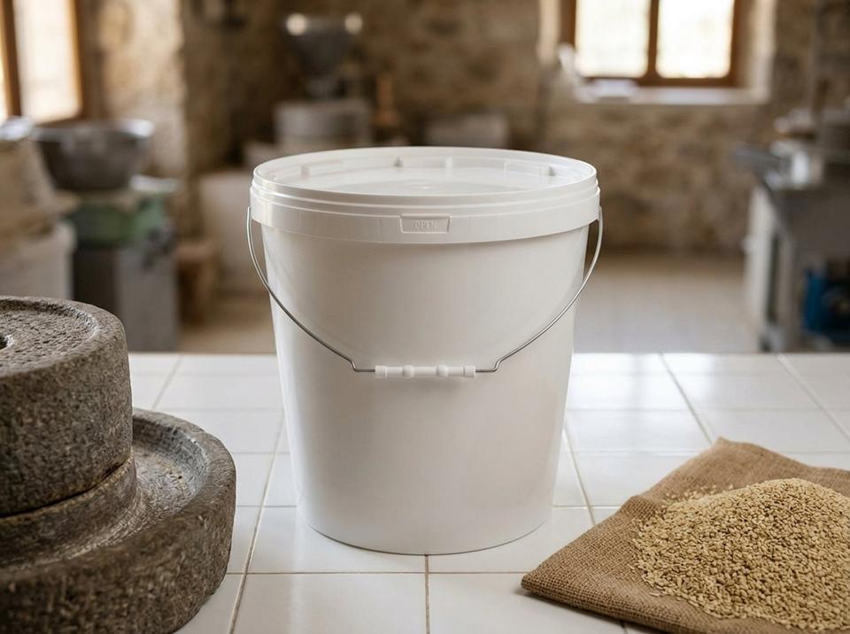 White 21 L plastic bucket with lid and bail handle with plastic grip on the tiled floor of a tahini workshop, next to a stone mill