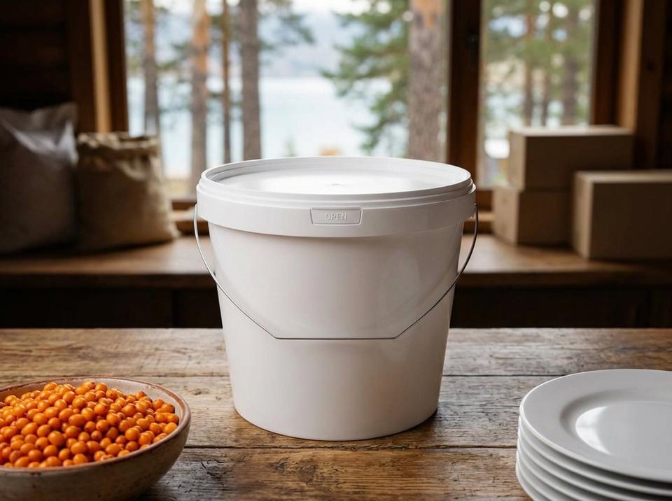 White 5.6 L plastic bucket with lid and metal bail handle on a resort kitchen table, next to a bowl of sea buckthorn