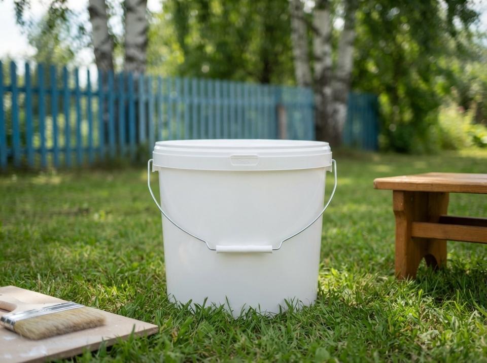 White 21 L plastic bucket with a metal bail handle, plastic grip, and lid on the grass of a dacha garden next to a wide brush, with a half-painted fence behind