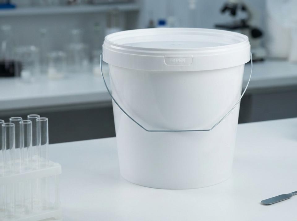 White 5.6 L plastic bucket with lid on a lab bench in a dairy plant next to a rack of empty test tubes