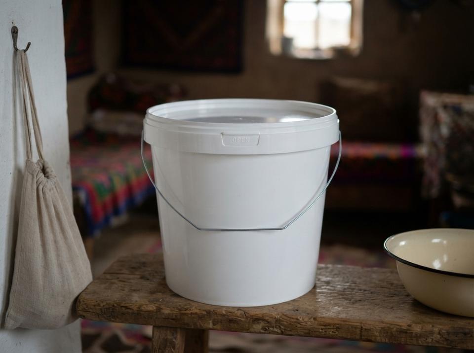 White 5.6 L plastic bucket with lid and bail handle on a wooden bench in a village house in Naryn, next to a cloth bag for draining suzma