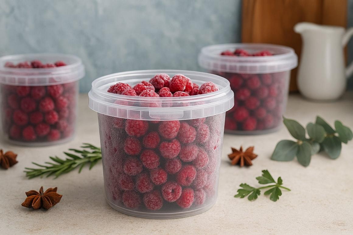 Clear buckets of frozen raspberries on a kitchen table