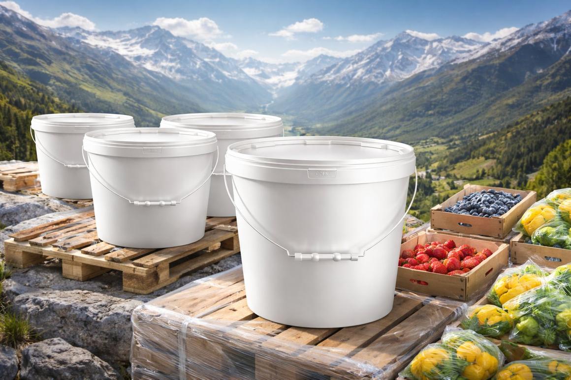 White buckets on a pallet next to crates of berries with mountains behind