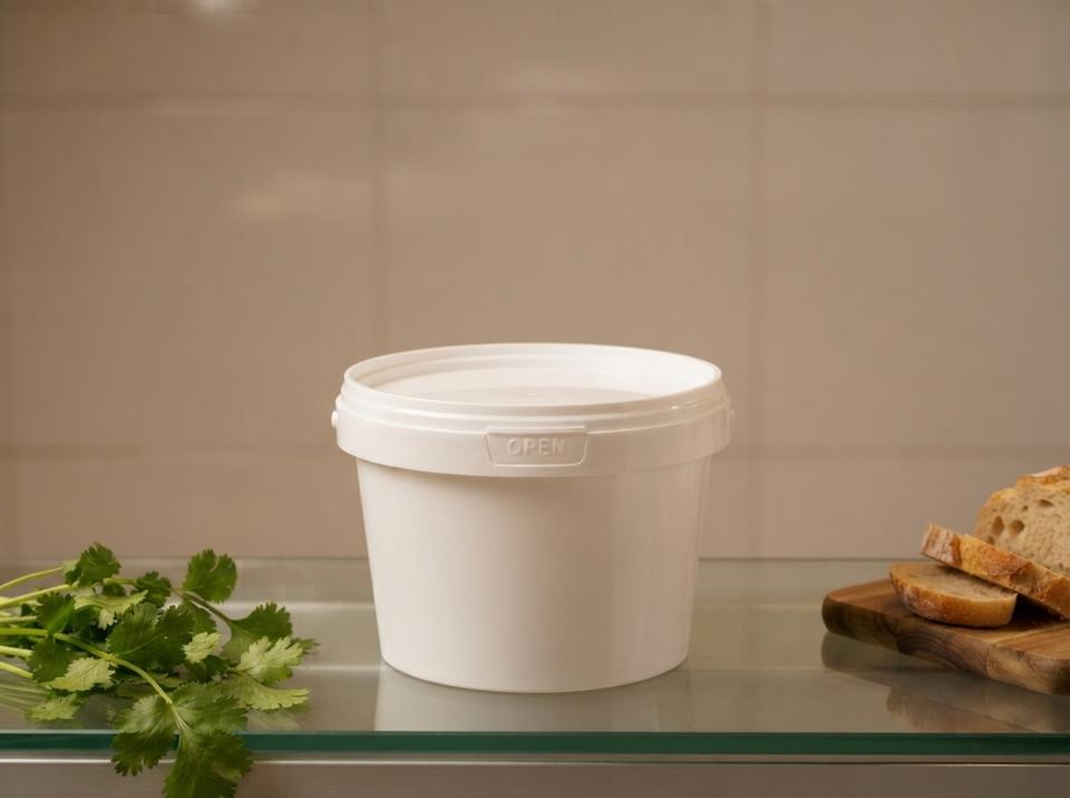White 560 ml plastic bucket with lid on a glass deli display case next to a sprig of cilantro and sliced bread