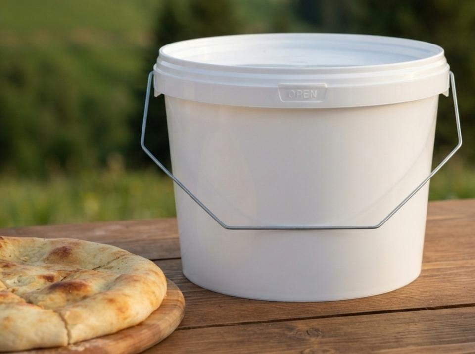 White 3 L plastic bucket with a metal bail handle and lid on a wooden table on a guesthouse terrace next to a round flatbread