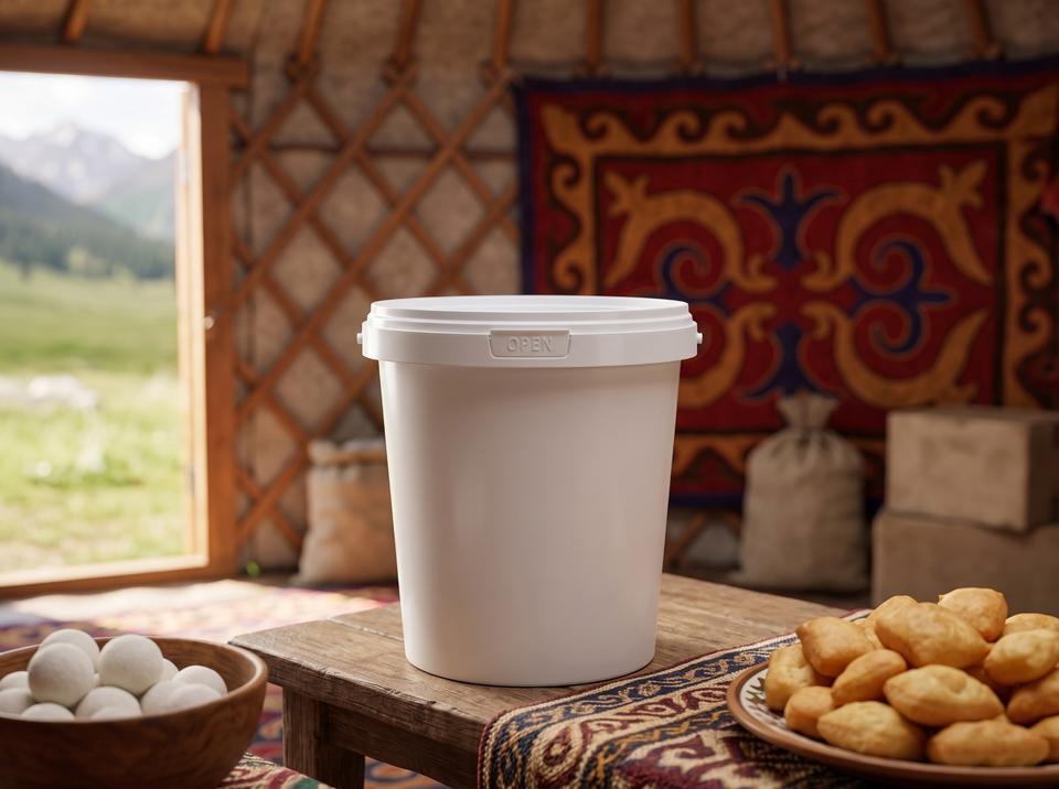 850 ml plastic bucket on a low table in a yurt on a mountain pasture