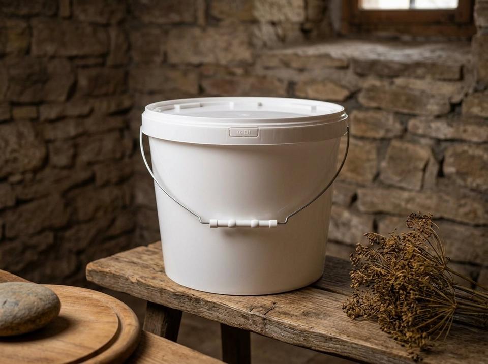 White 11.5 L plastic bucket with lid and bail handle with plastic grip on a cellar bench, next to a wooden disc and a river stone used as a weight