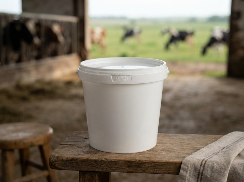 White 1 L plastic bucket with a lid on a wooden bench at a dairy farm, a milking stool on the left, a folded cloth on the right, a cowshed and a pasture with cows behind